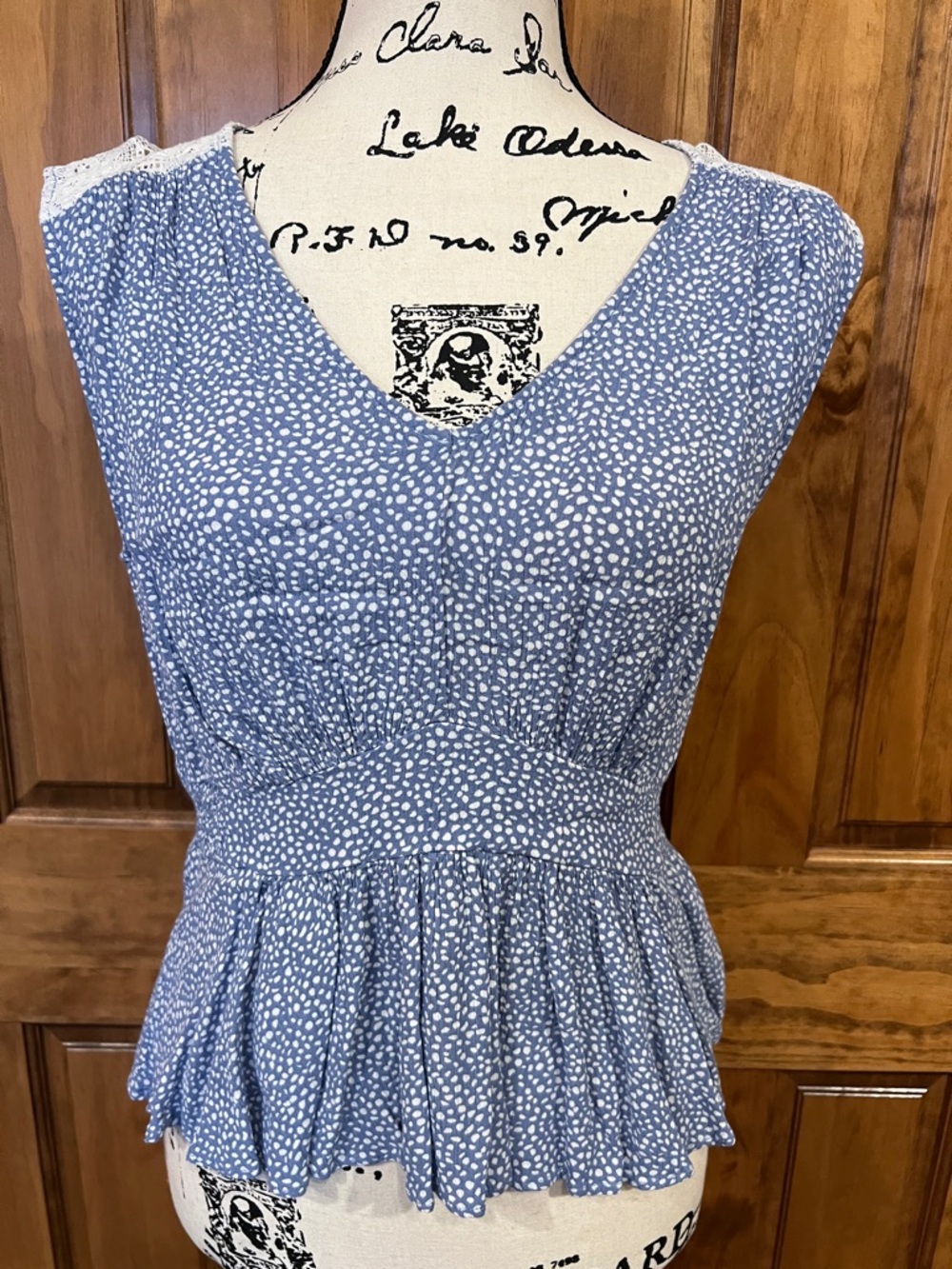 Hem & Thread Blue Dot Peplum V-Neck Blouse